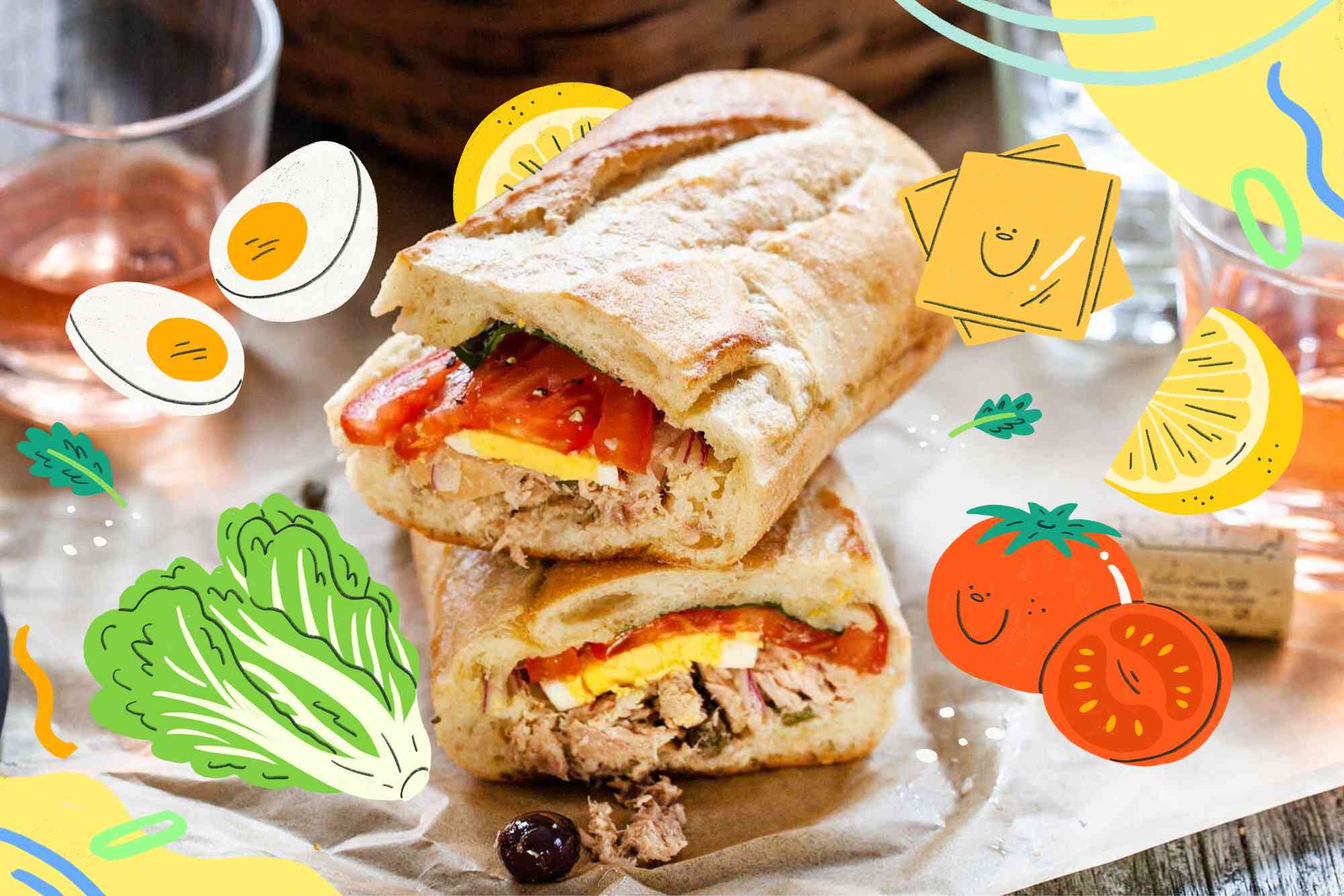 Baguette, tuna, and tomato sandwich stacked