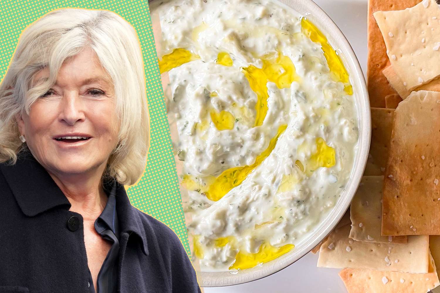 A split image of Martha Stewart and a bowl of artichoke dip with crackers on the side