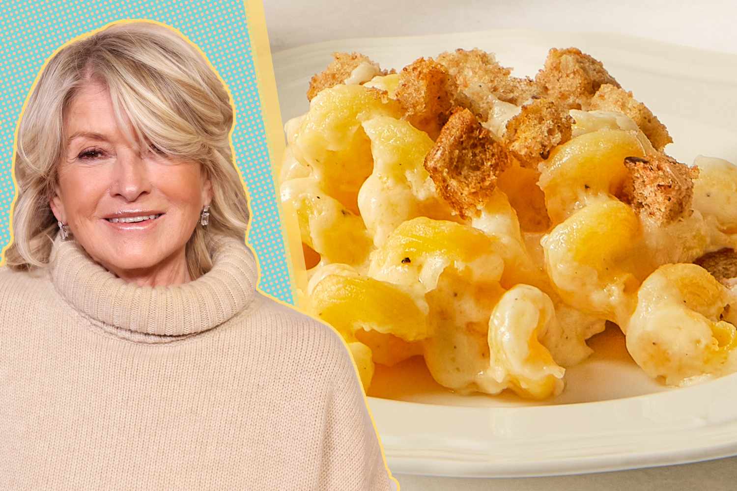 Martha Stewart alongside a dish of creamy pasta and breadcrumbs
