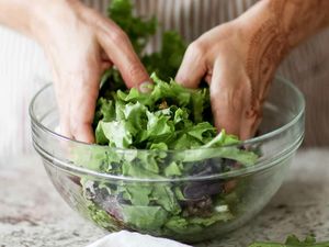 Side salad recipe with peaches, goat cheese, and pistachios toss together the salad and dressing