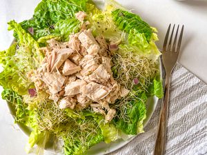 2-ingredient chicken salad over a bed of microgreens and lettuce