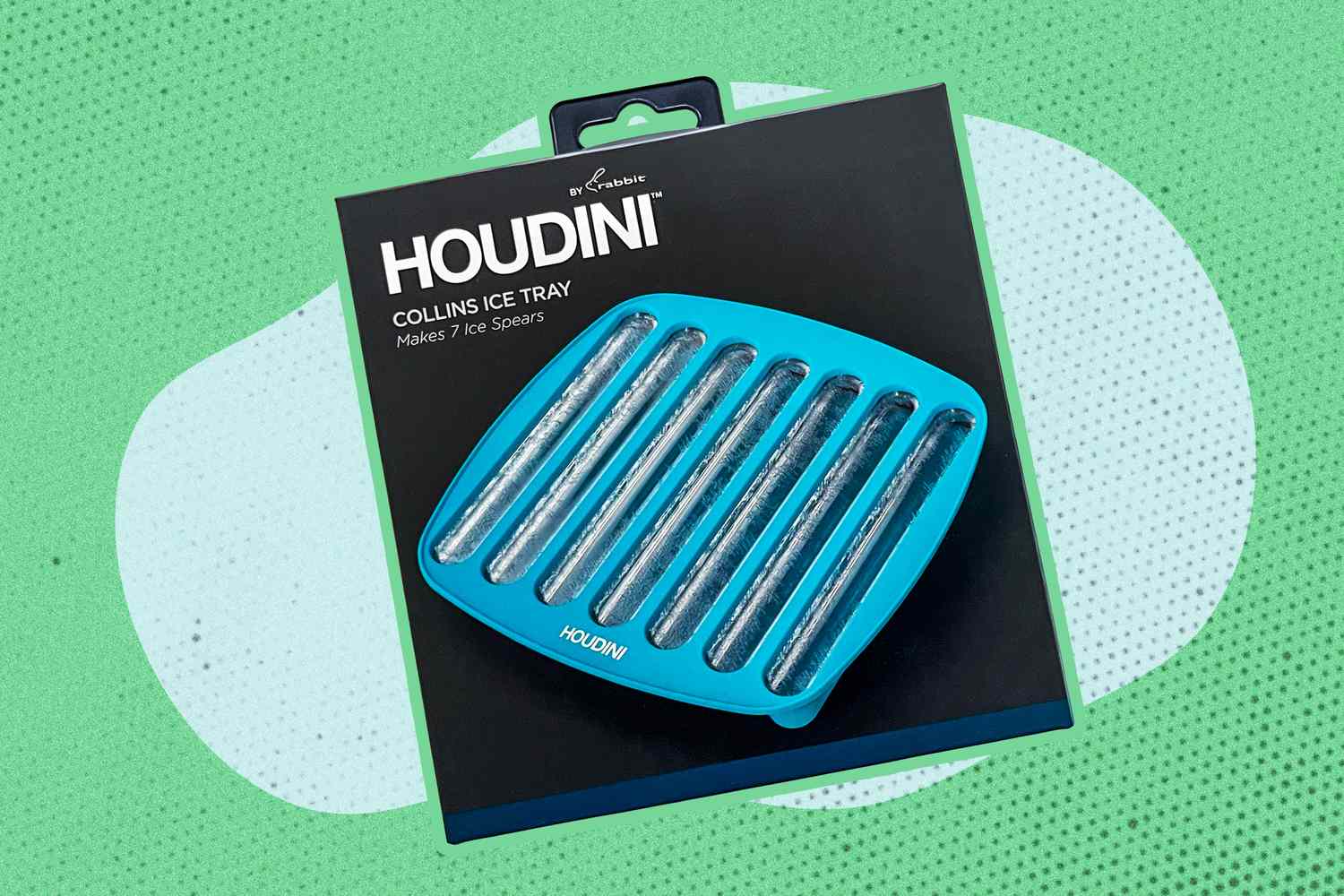 Packaging of Houdini Collins ice tray shown against a green background