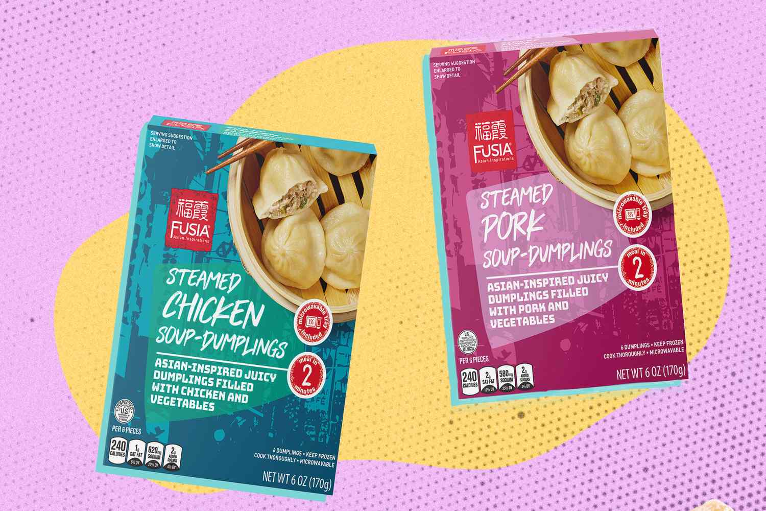 Two boxes of Fusia steamed soup dumplings by Aldi one chicken the other pork placed on a yellow and purple background