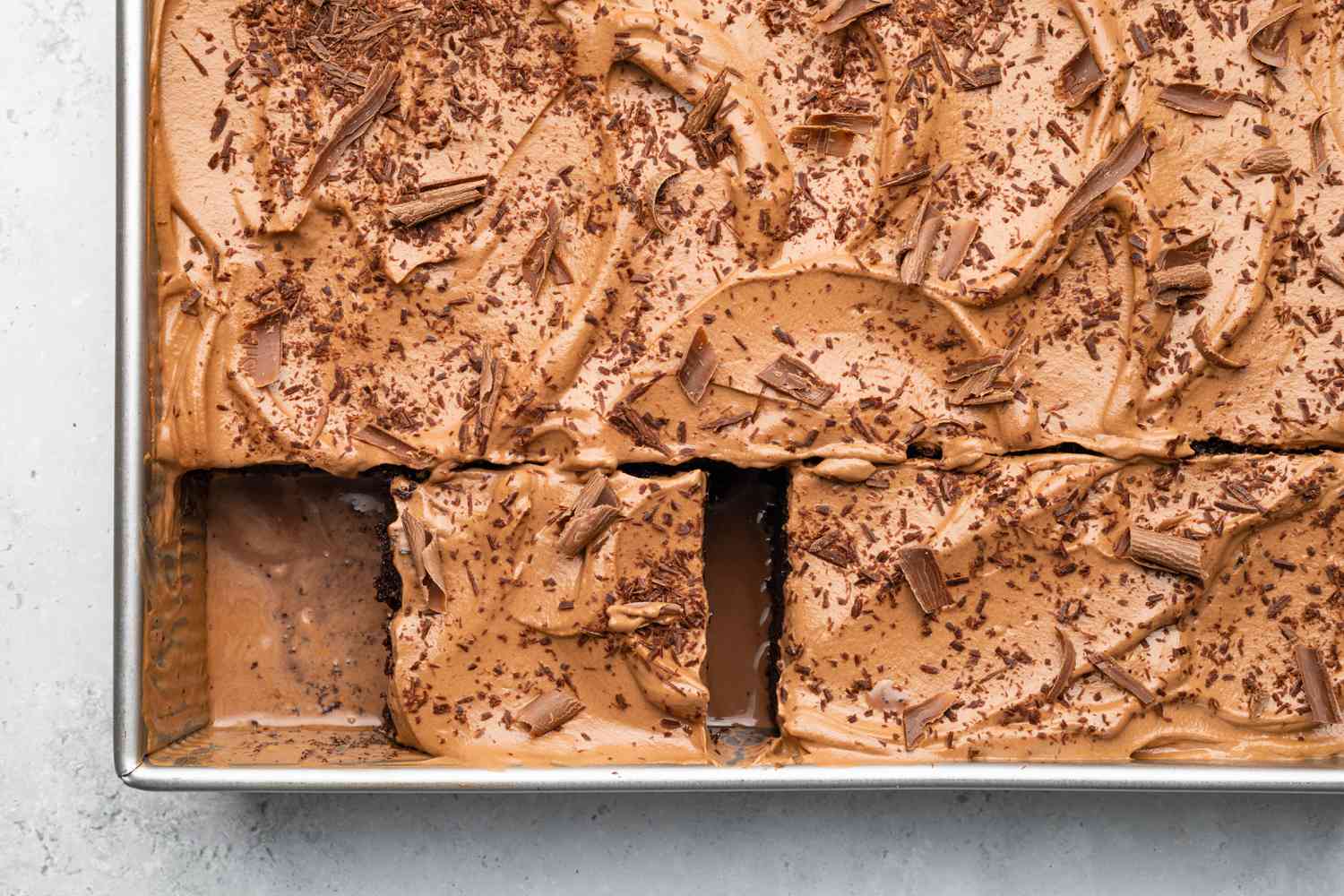 Chocolate Tres Leches Cake in a Cake Pan Cut into Slices