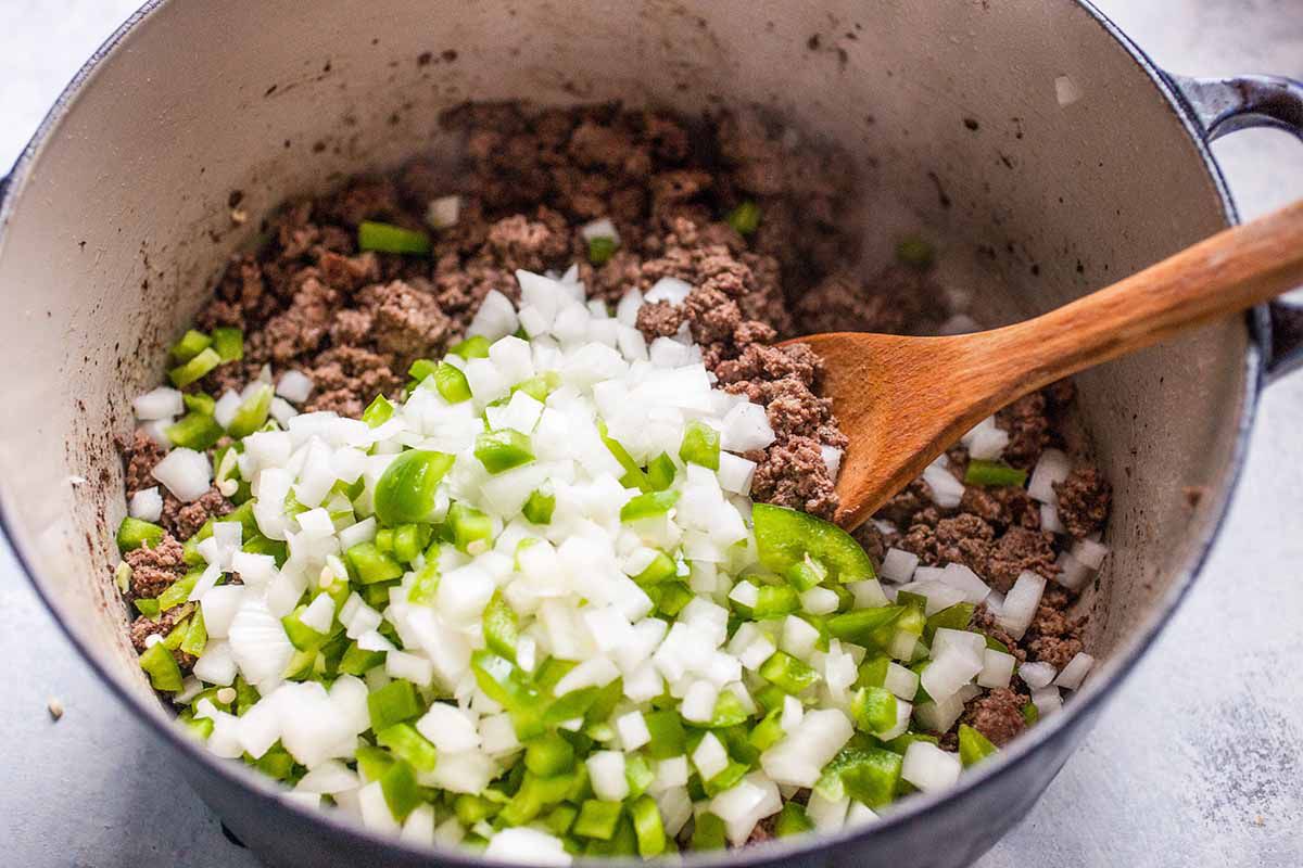 Chunky No Bean Chili add the onions and green pepper