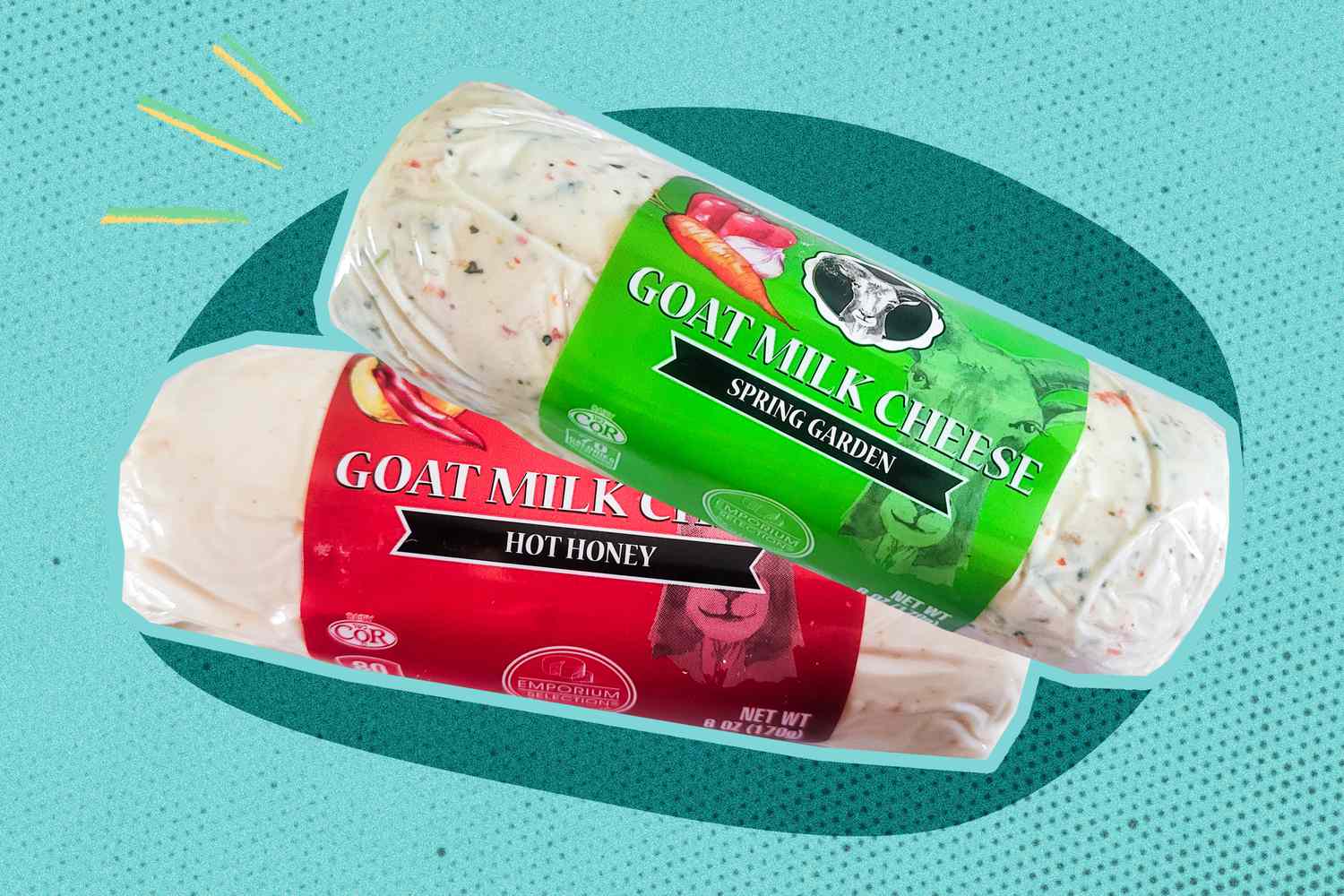 Two logs of goat cheese in their packaging. One says "Spring Garden" and the other says "Hot Honey"