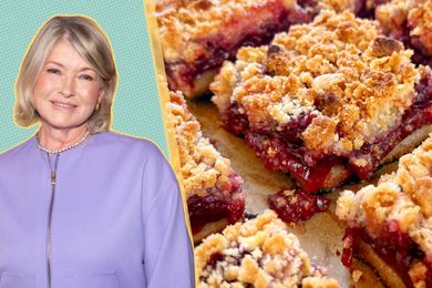 Martha Stewart alongside a tray of cherry crumble bars