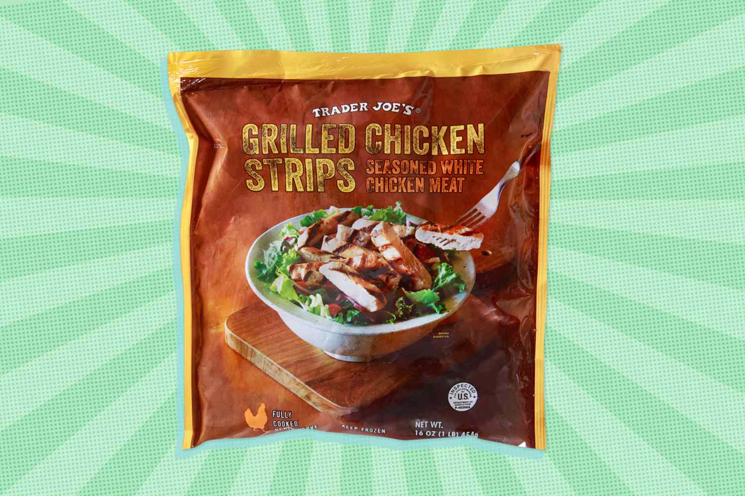 A bag of Trader Joe's grilled chicken strips on an illustrated background
