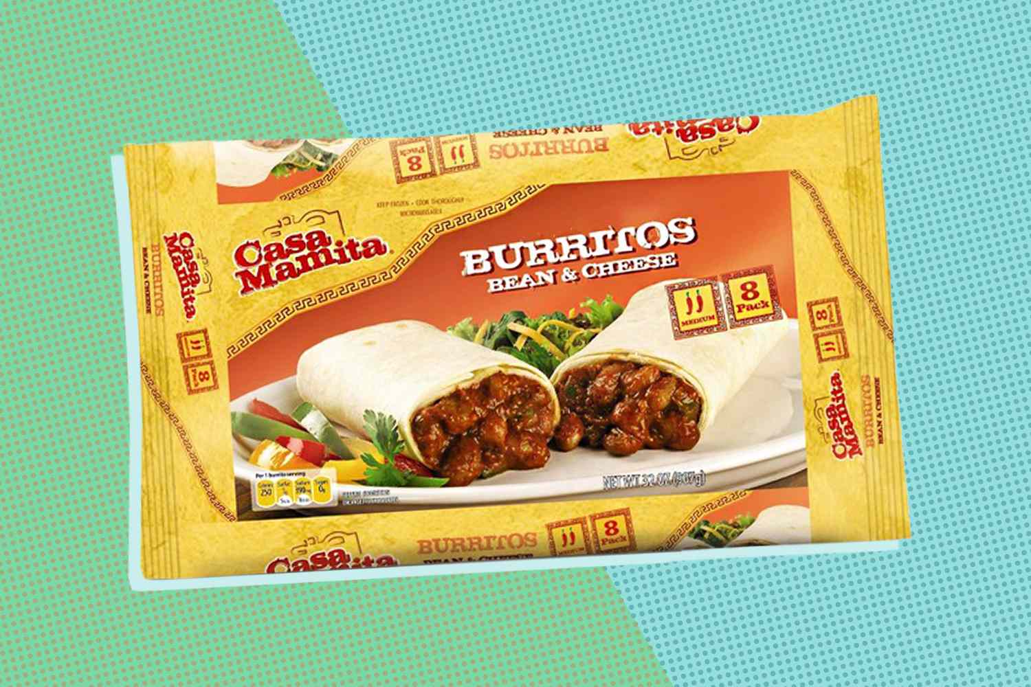 Casa Mamita Burritos package over a colorful background