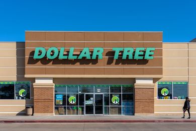 The exterior of a Dollar Tree store with its sign visible a person walking by on the sidewalk