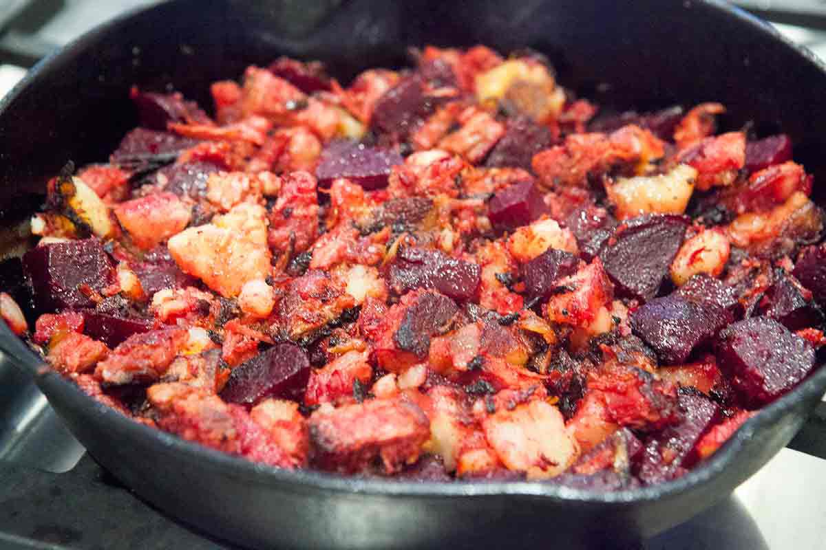 let the red flannel hash browns get crispy and browned before turning them over in the pan