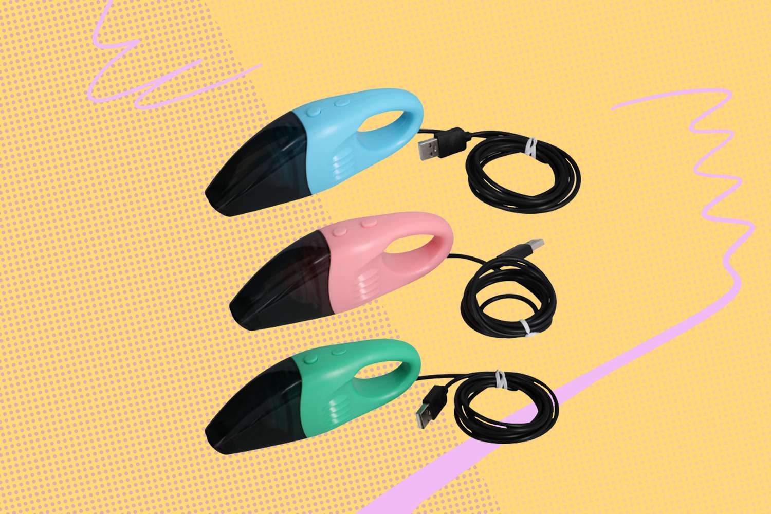 Three handheld mini vacuums with USB charging cables displayed on a colorful background