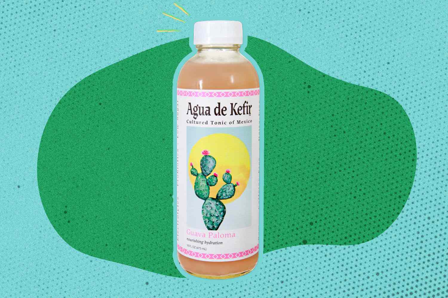 Trader Joe's Agua de Kefir bottle over a colorful background