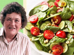 Julia Child and a photo of a spinach salad with cucumber and tomato