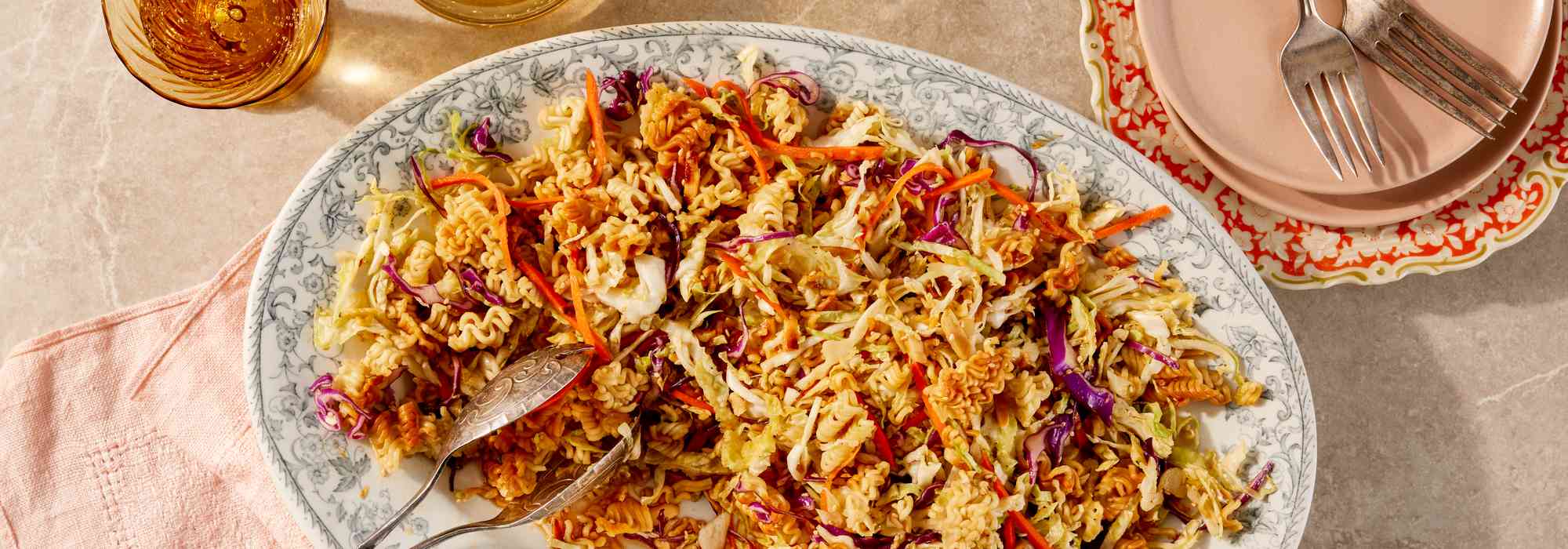 Platter of crunchy cabbage and ramen salad