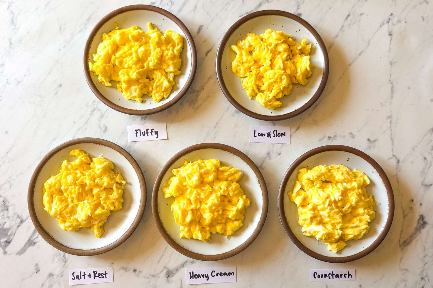 Five plates of scrambled eggs labeled with different preparation methods displayed on a marble surface