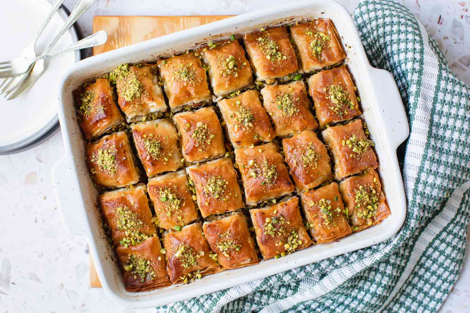 Baklava Cut into Slices and Topped with Crushed Pistachios 