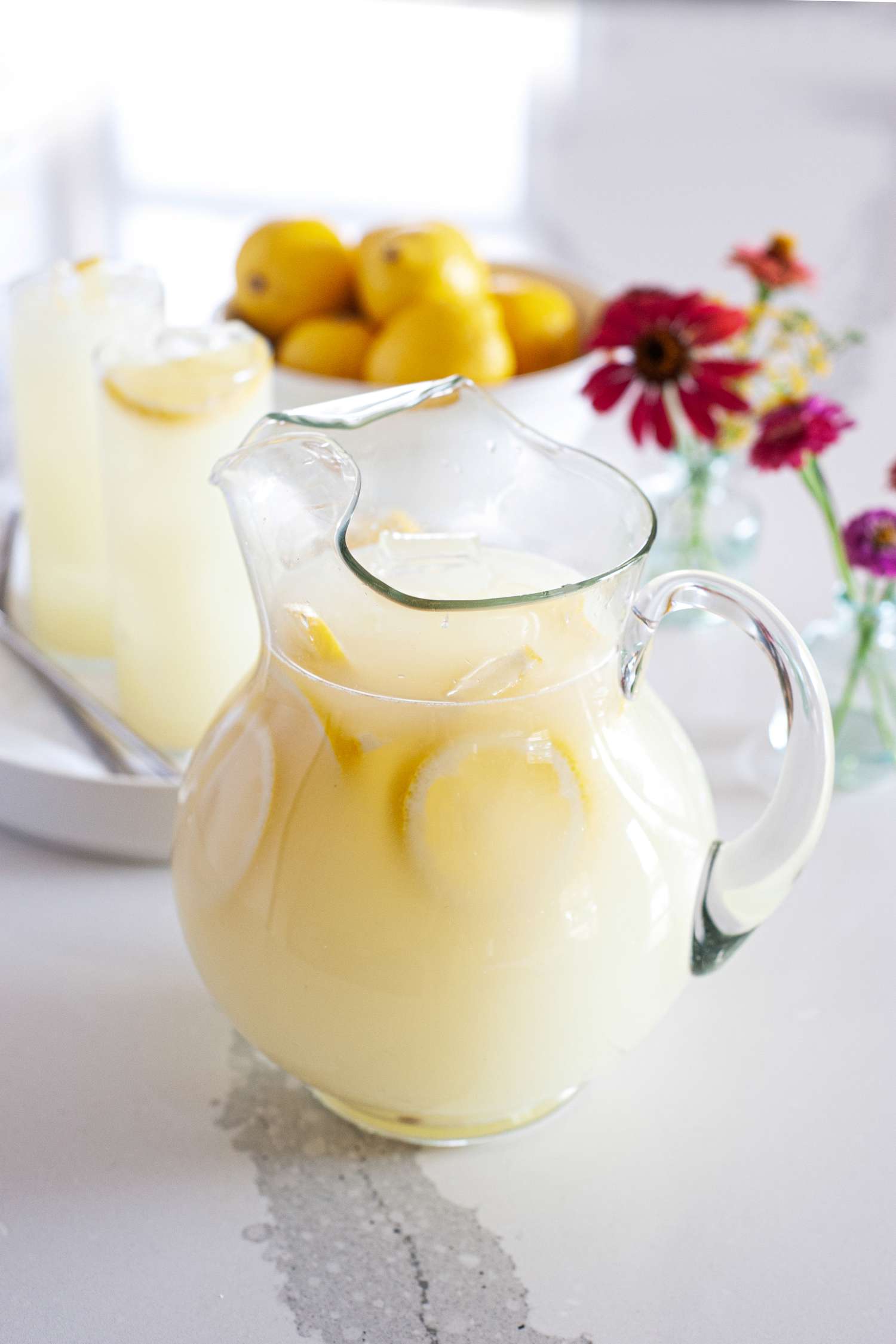 A pitcher of whole lemon lemonade.