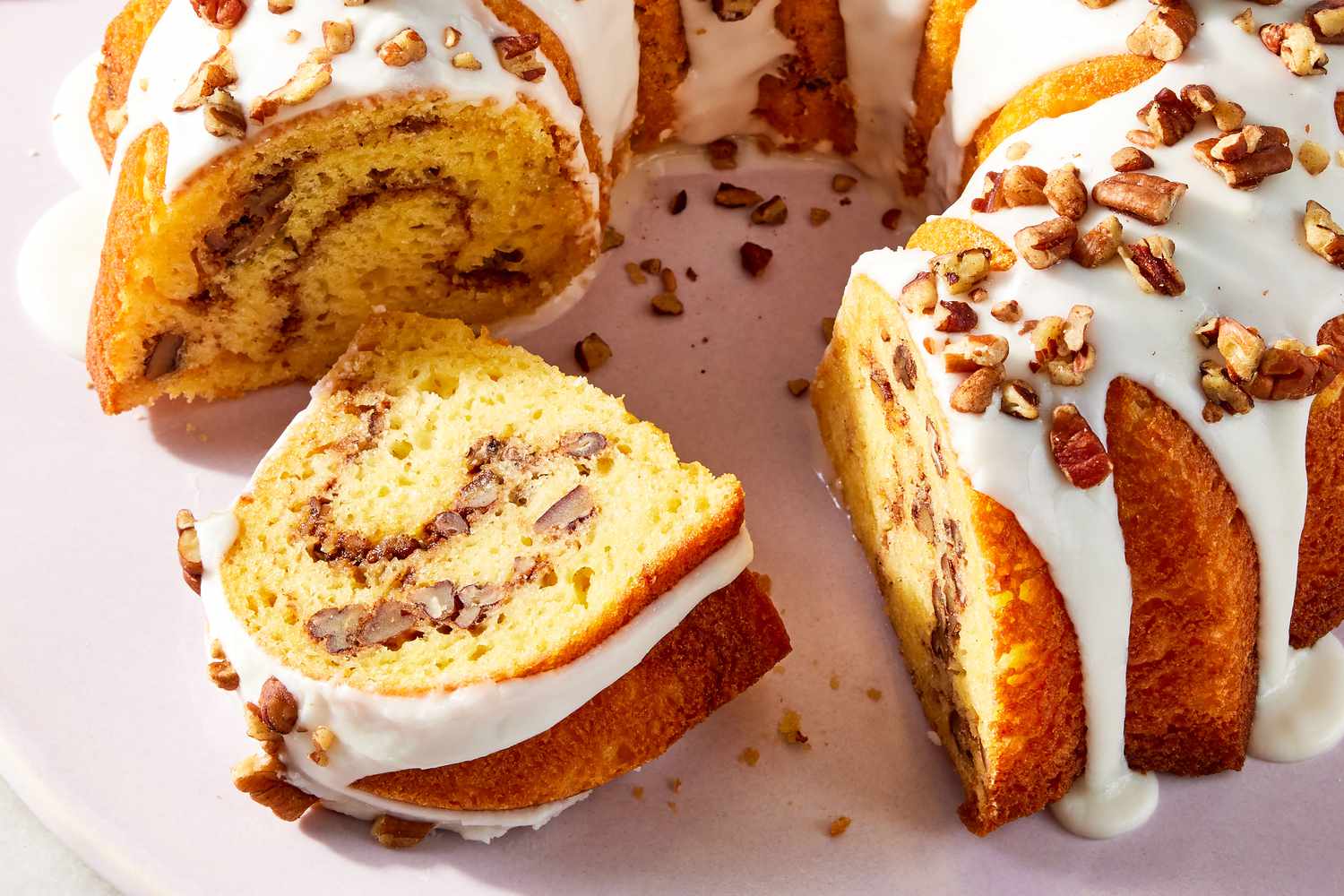 Sock It to Me Cake with a slice cut out of it to where it shows the marbling inside