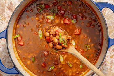 overhead view of a large pot of chili with beans