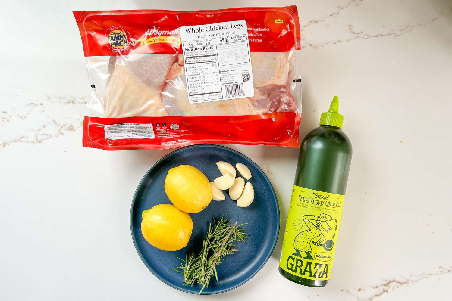 Chicken legs, lemon, garlic, rosemary, and olive oil
