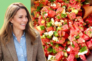 Kate Middleton smiling next to a bowl of watermelon salad with ingredients like cucumbers and feta cheese