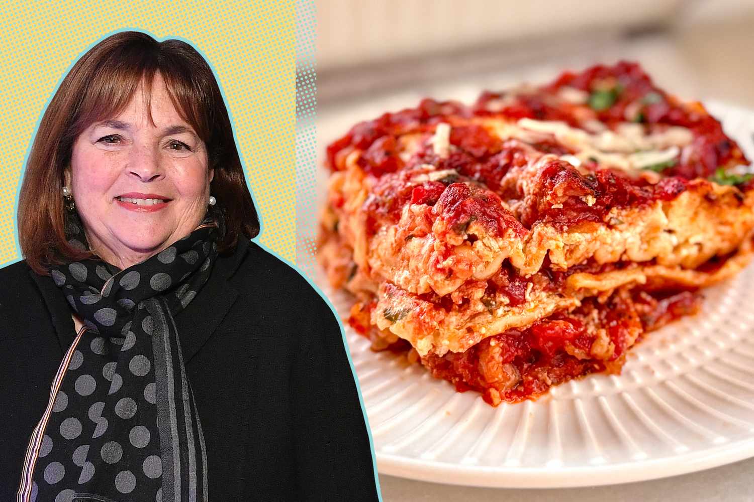 Ina Garten next to a plate of lasagna