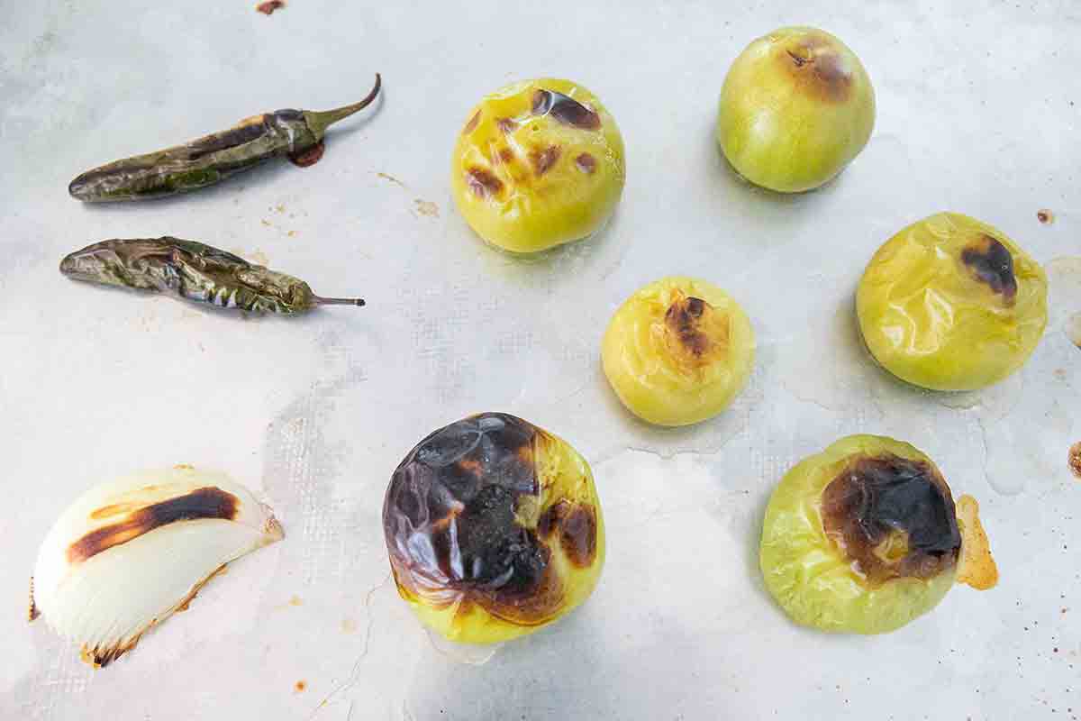 roasted tomatillos and chiles for sopa seca de fideo