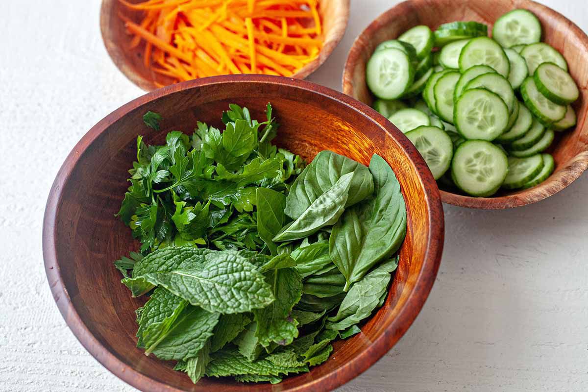 Rice Bowl Recipe with Pork - bowls of herbs carrots cucumbers
