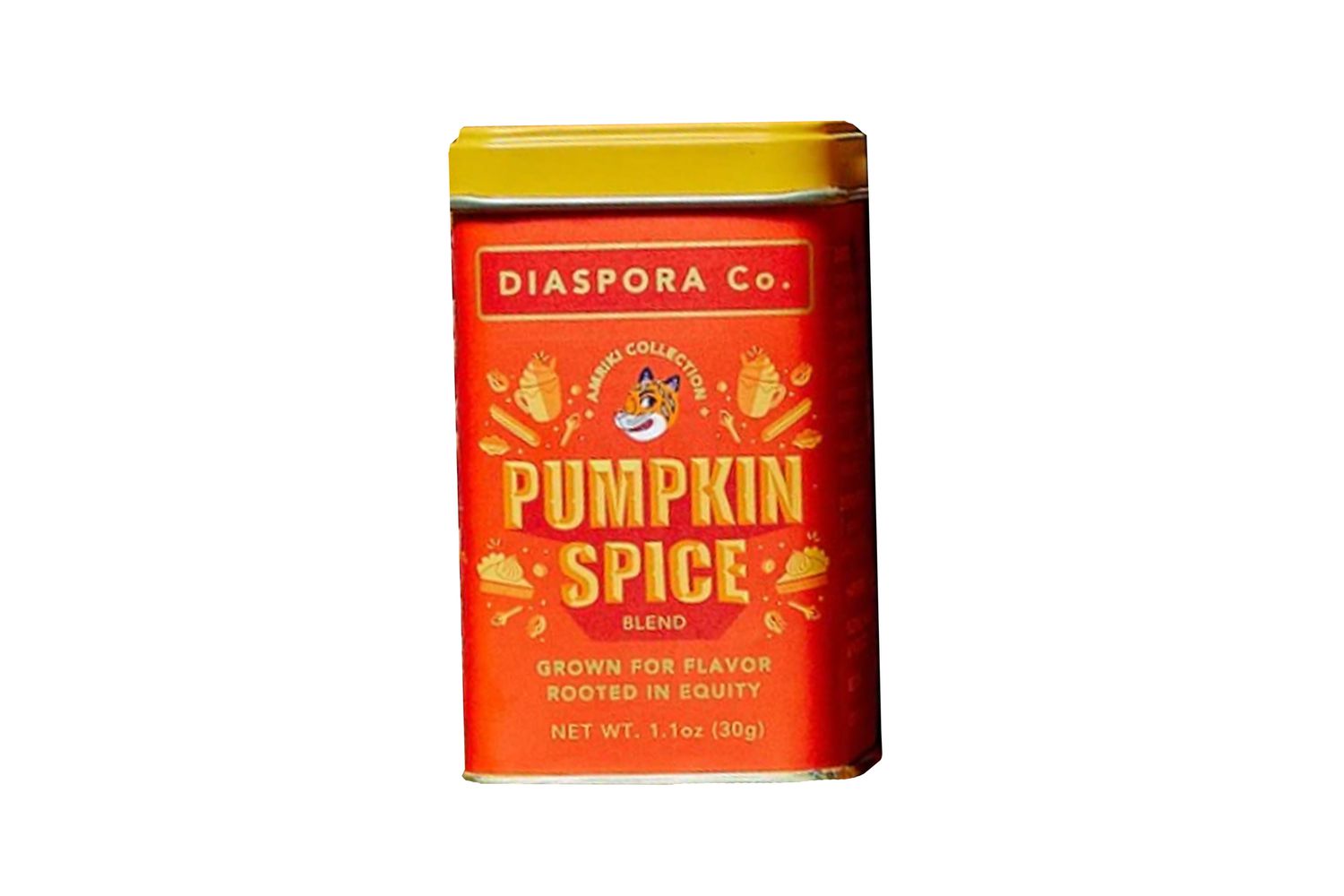 A metal canister of Diaspora Co. brand's pumpkin spice blend