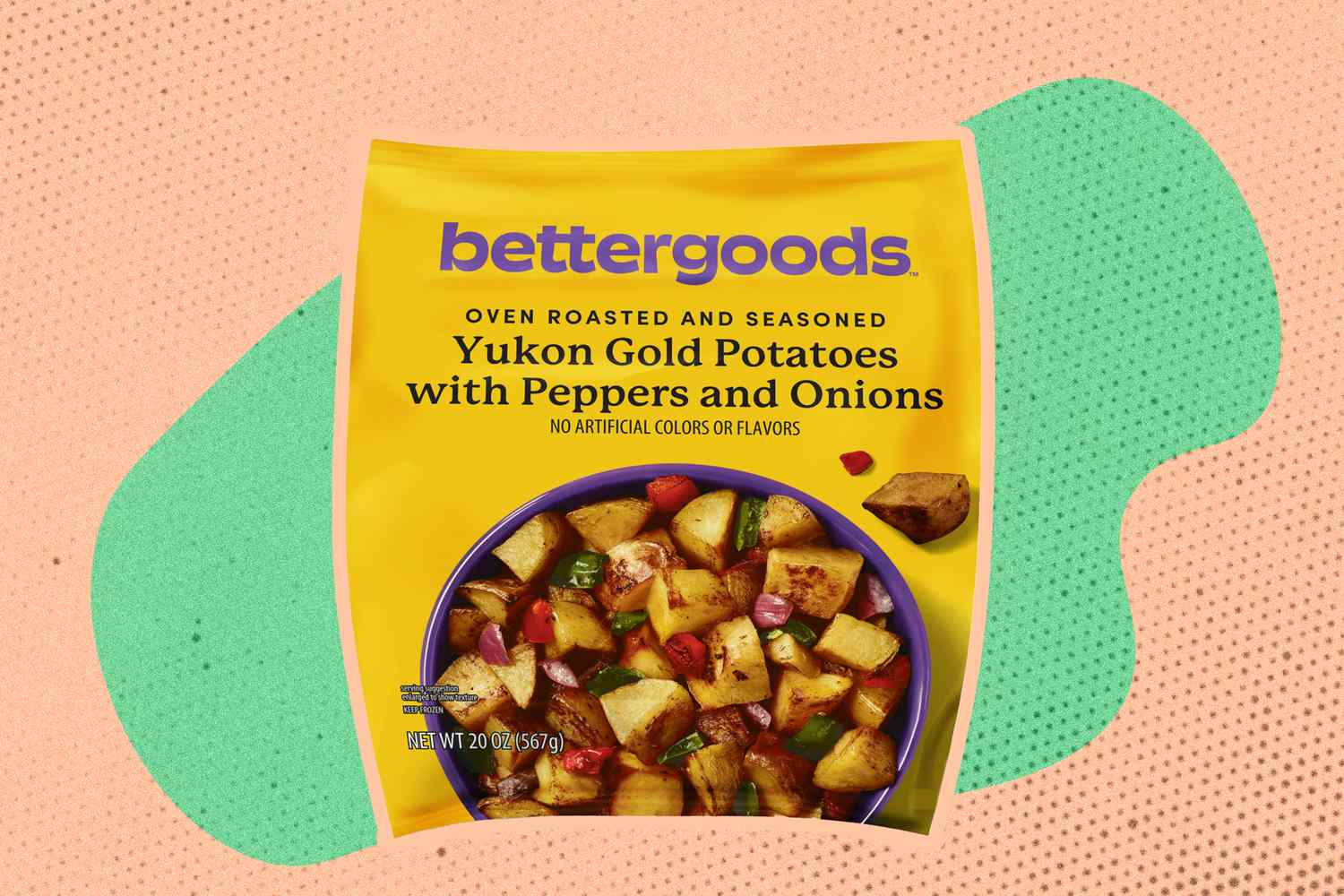 Package of bettergoods Oven roasted and seasoned Yukon Gold Potatoes with Peppers and Onions on an orange and green speckled background