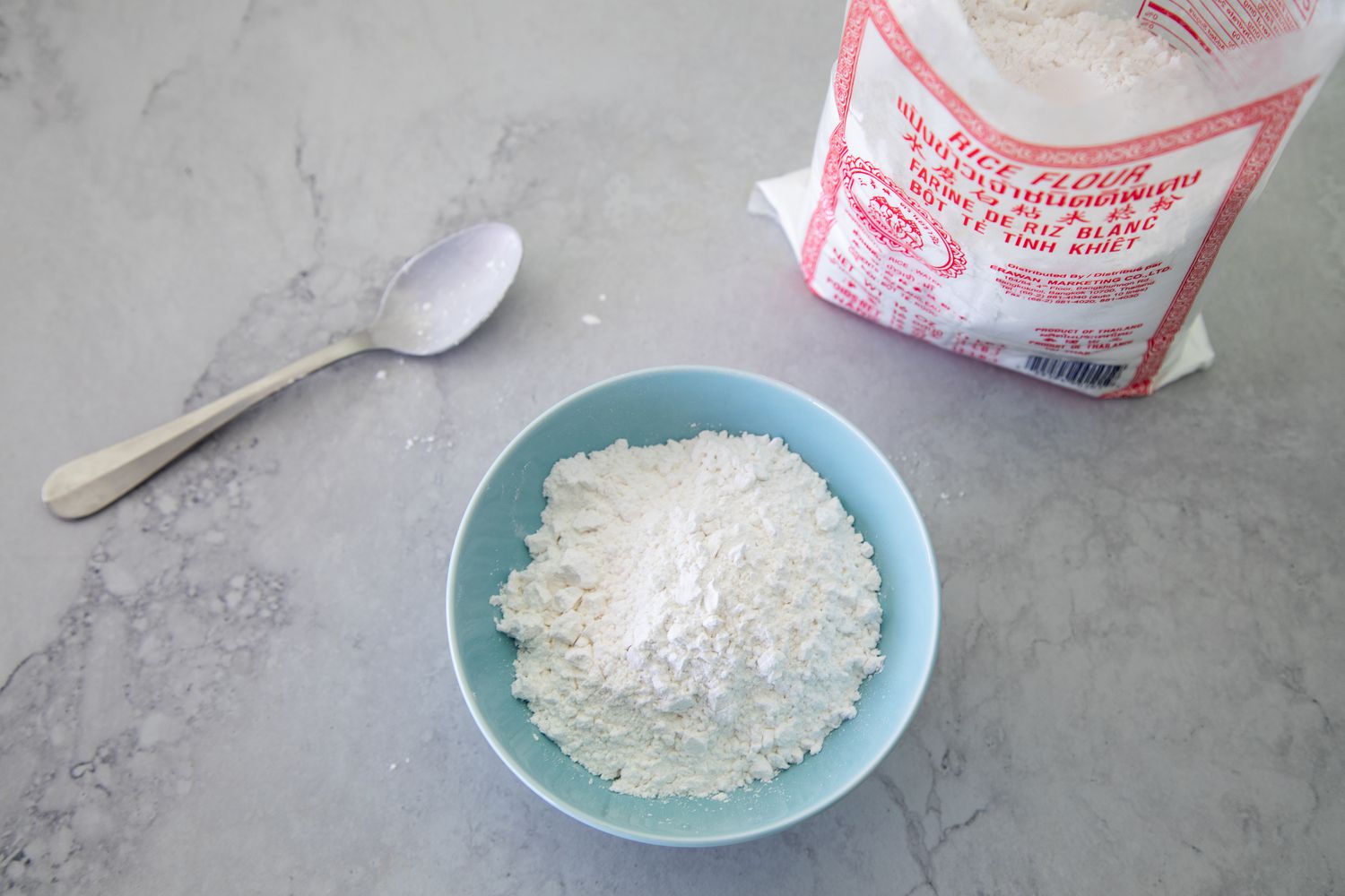 Bag of rice flour in a bowl 