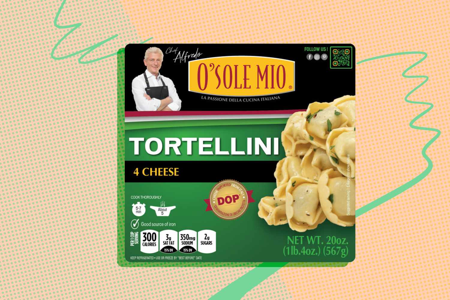 Packaging of O'Sole Mio tortellini with 4 cheese flavor