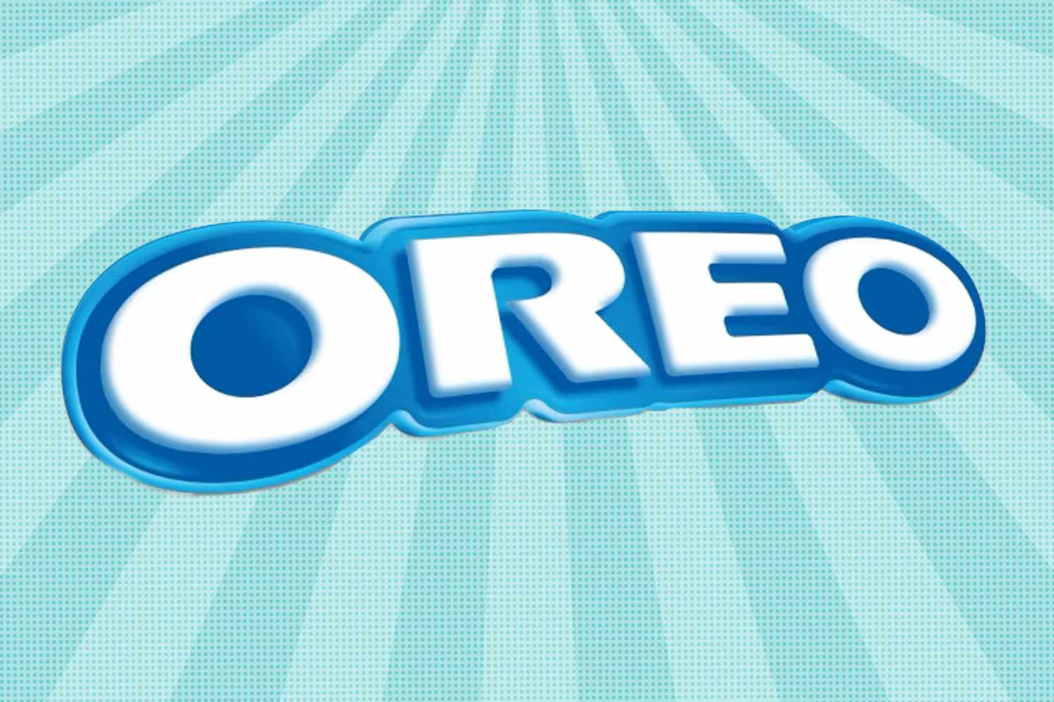 The Oreo logo with bold white letters on a blue background featuring radial lines