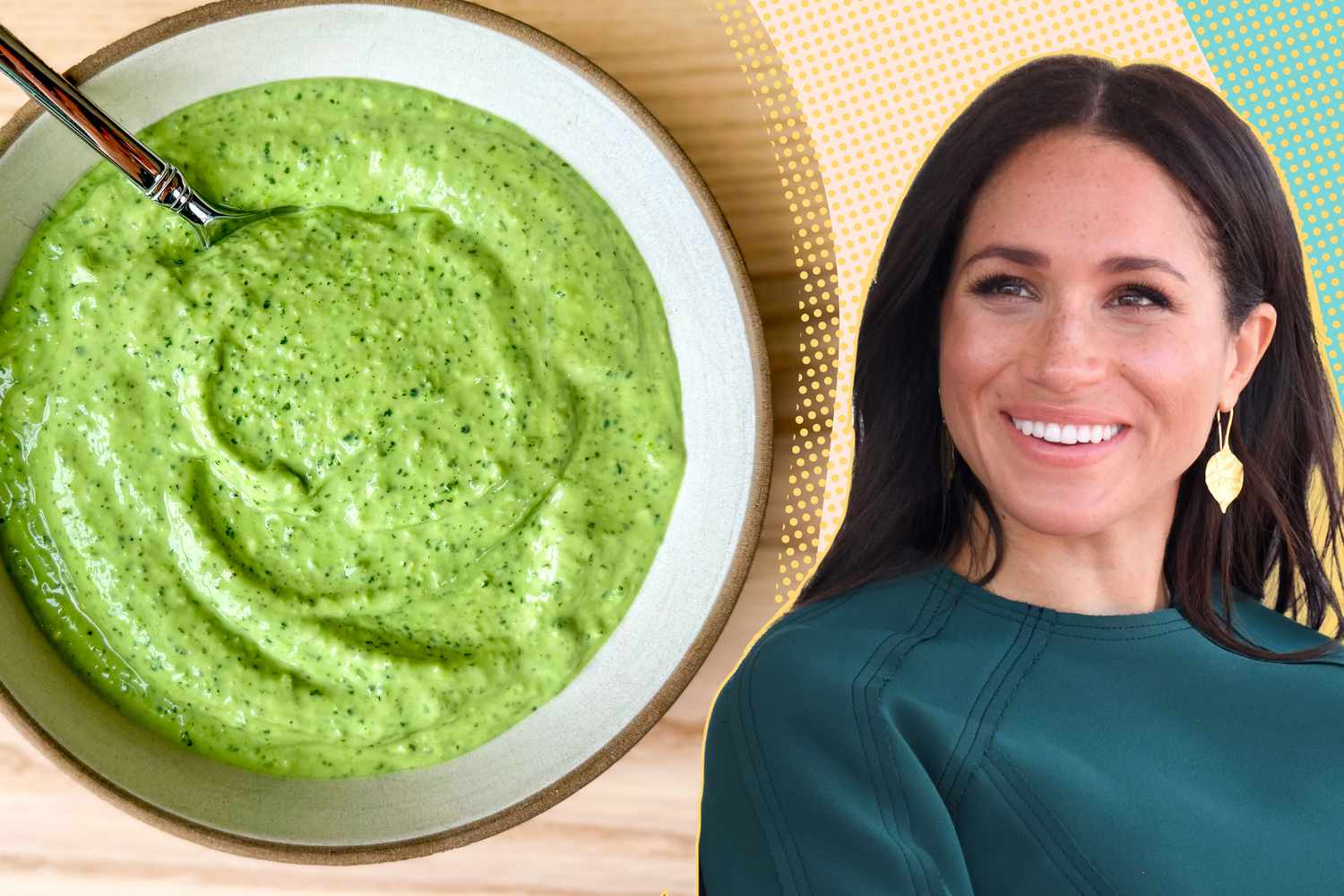 Meghan Markle headshot next to a bowl of green dip.