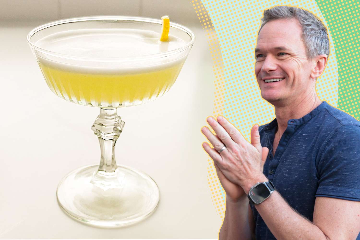 Neil Patrick Harris and a cocktail glass with a drink and garnish