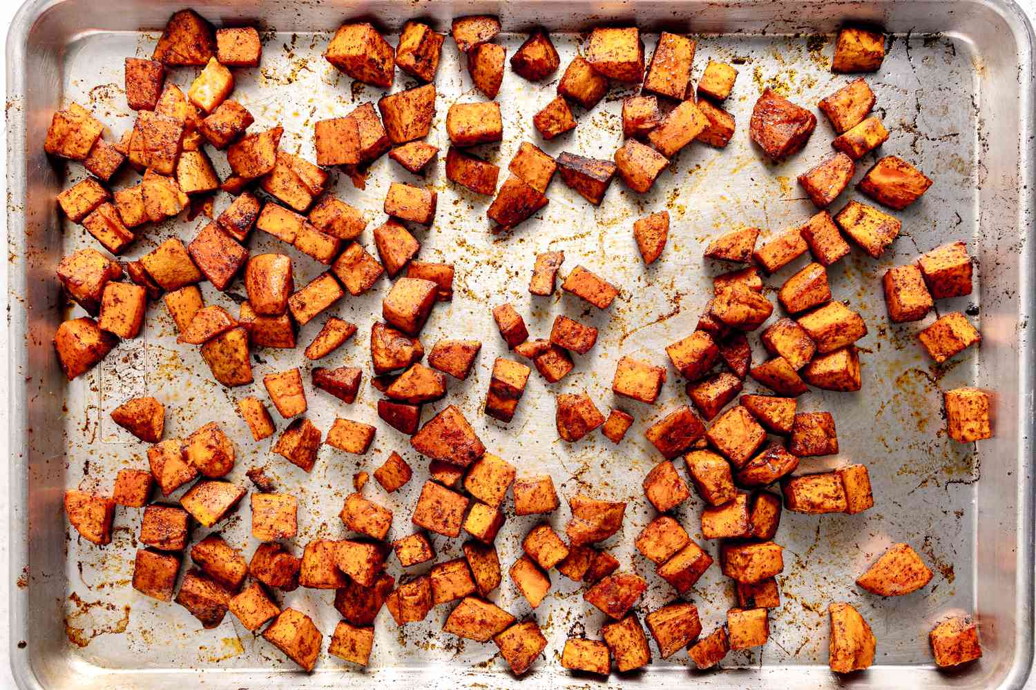 Roasted Sweet Potatoes on a Baking Pan for Sweet Potato Salad