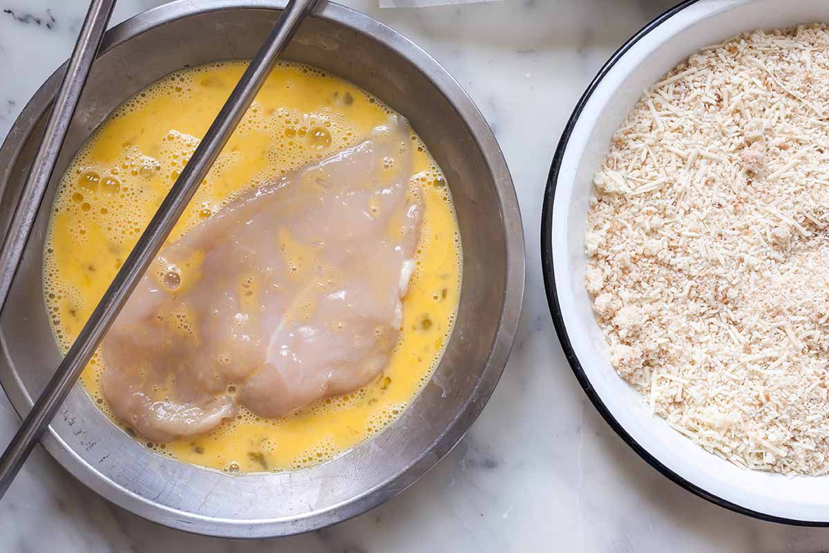 Chicken Parmesan recipe dip the chicken into the egg