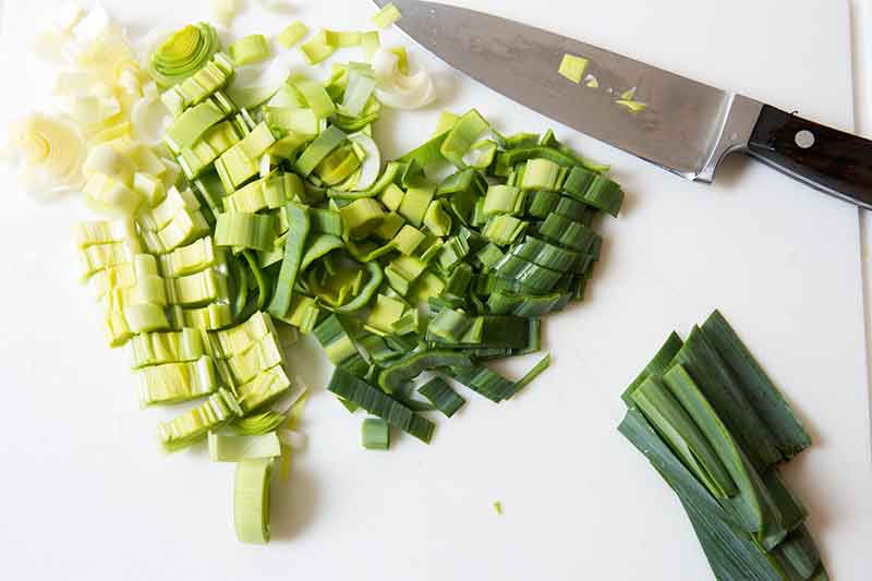 slice leeks crosswise to prepare leeks for soup