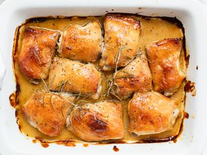 Overhead view of Honey Mustard Chicken baked in a casserole dish.