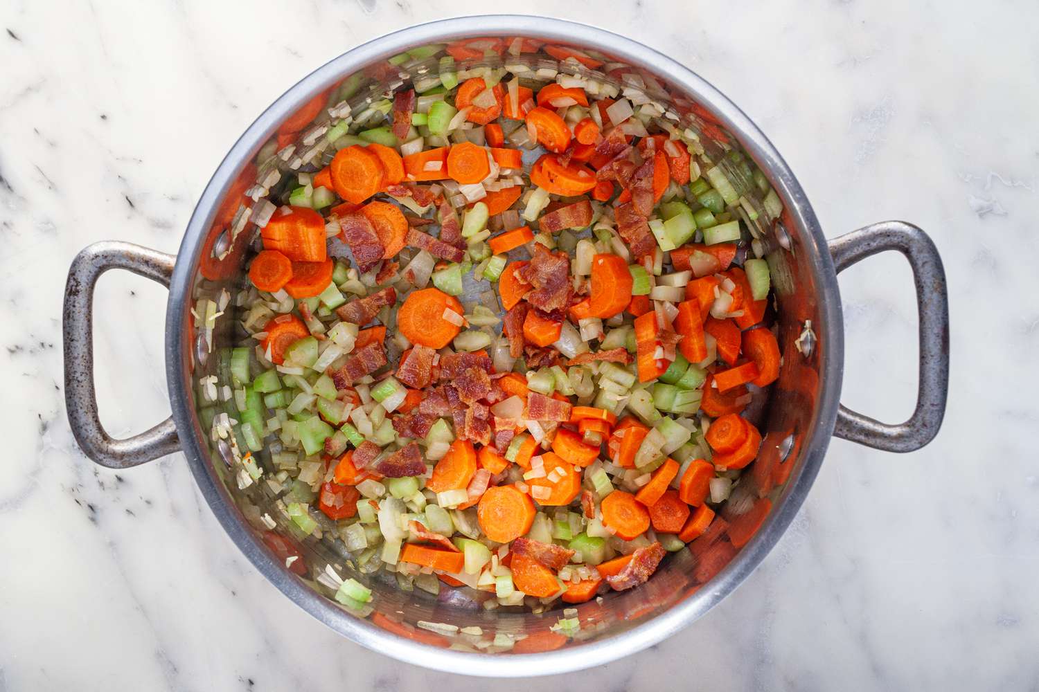 Manhattan Clam Chowder in a pot but with no liquid added yet