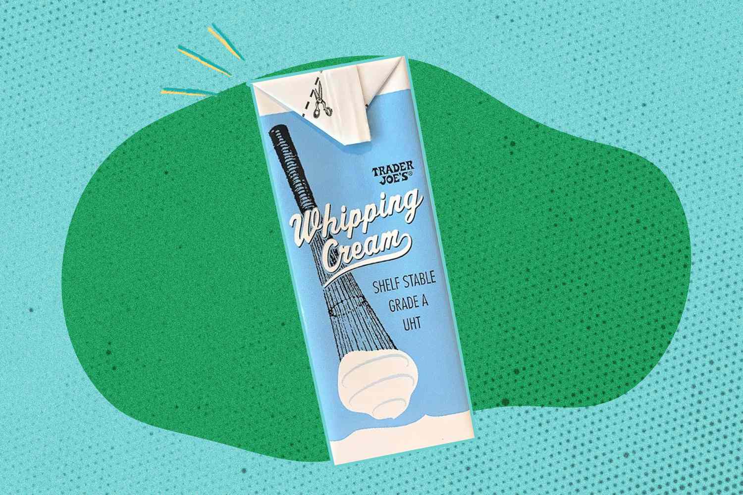 Image of a carton of Trader Joe's Shelf Stable Grade A Whipping Cream on a green and light blue speckled background