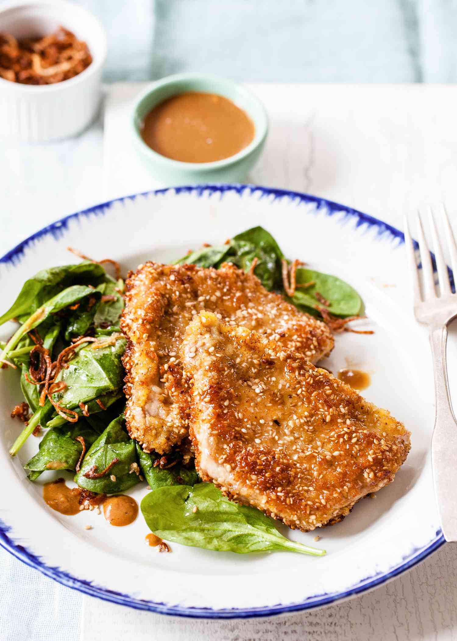 Sesame-Crusted Pork Cutlets with Crispy Shallots