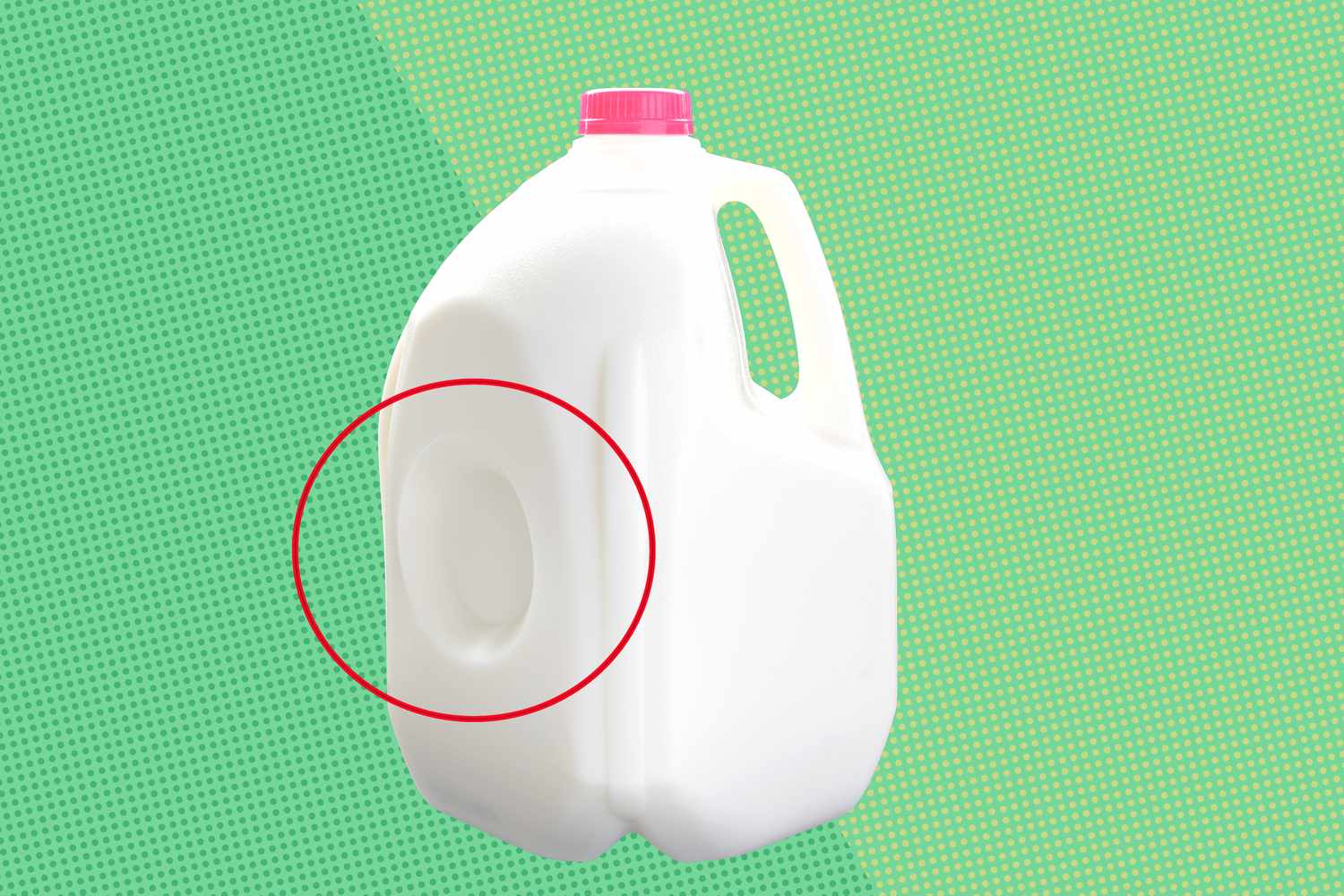 Plastic milk jug with an indentation highlighted by a red circle against a patterned green background