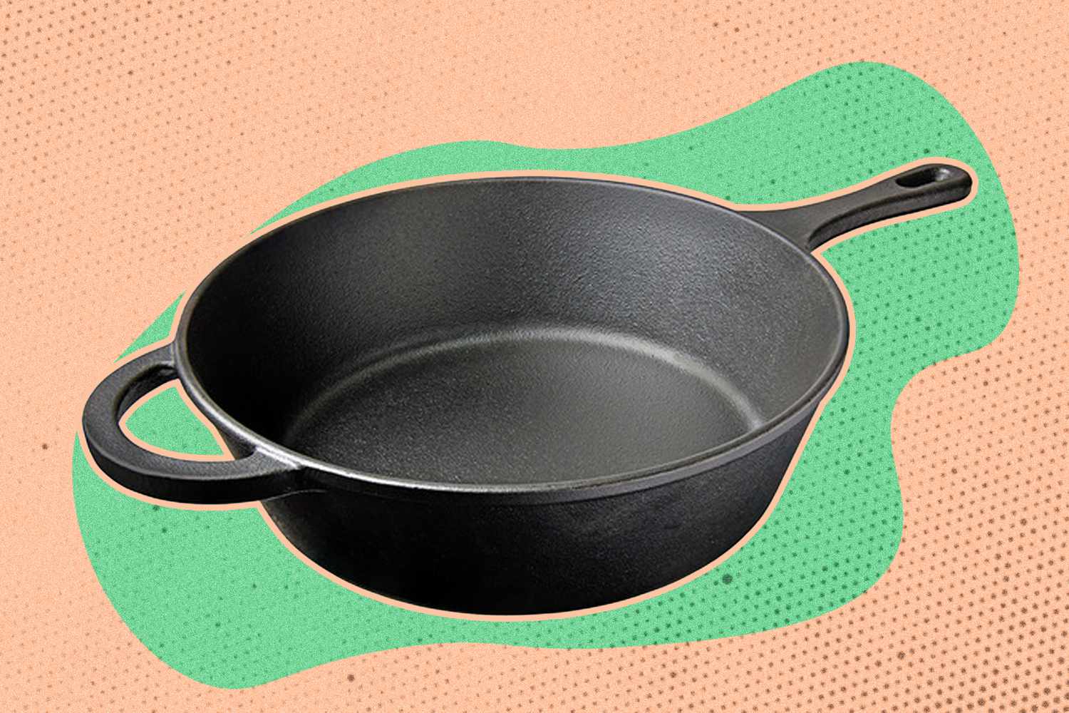 Angled view of the Aldi cast iron skillet on a green and orange speckled background