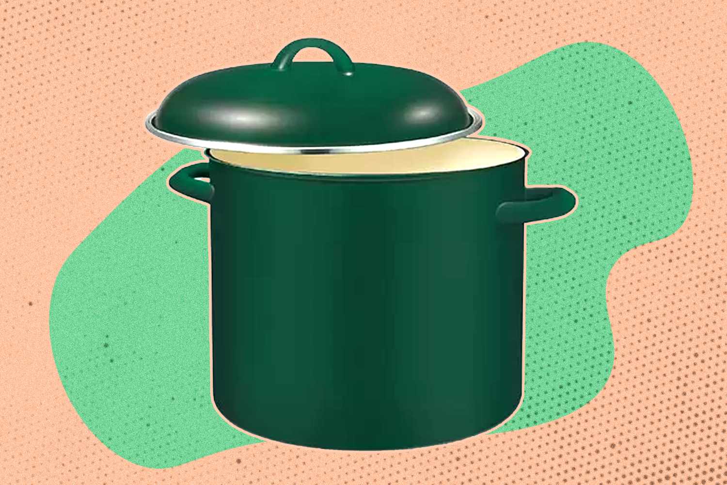Green enameled stockpot and lid on a green and pink speckled background