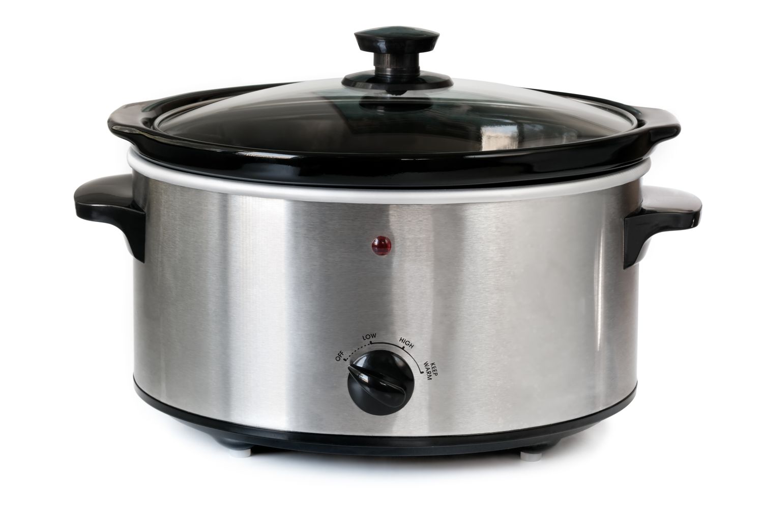 A slow cooker with a stainless steel finish and a black lid