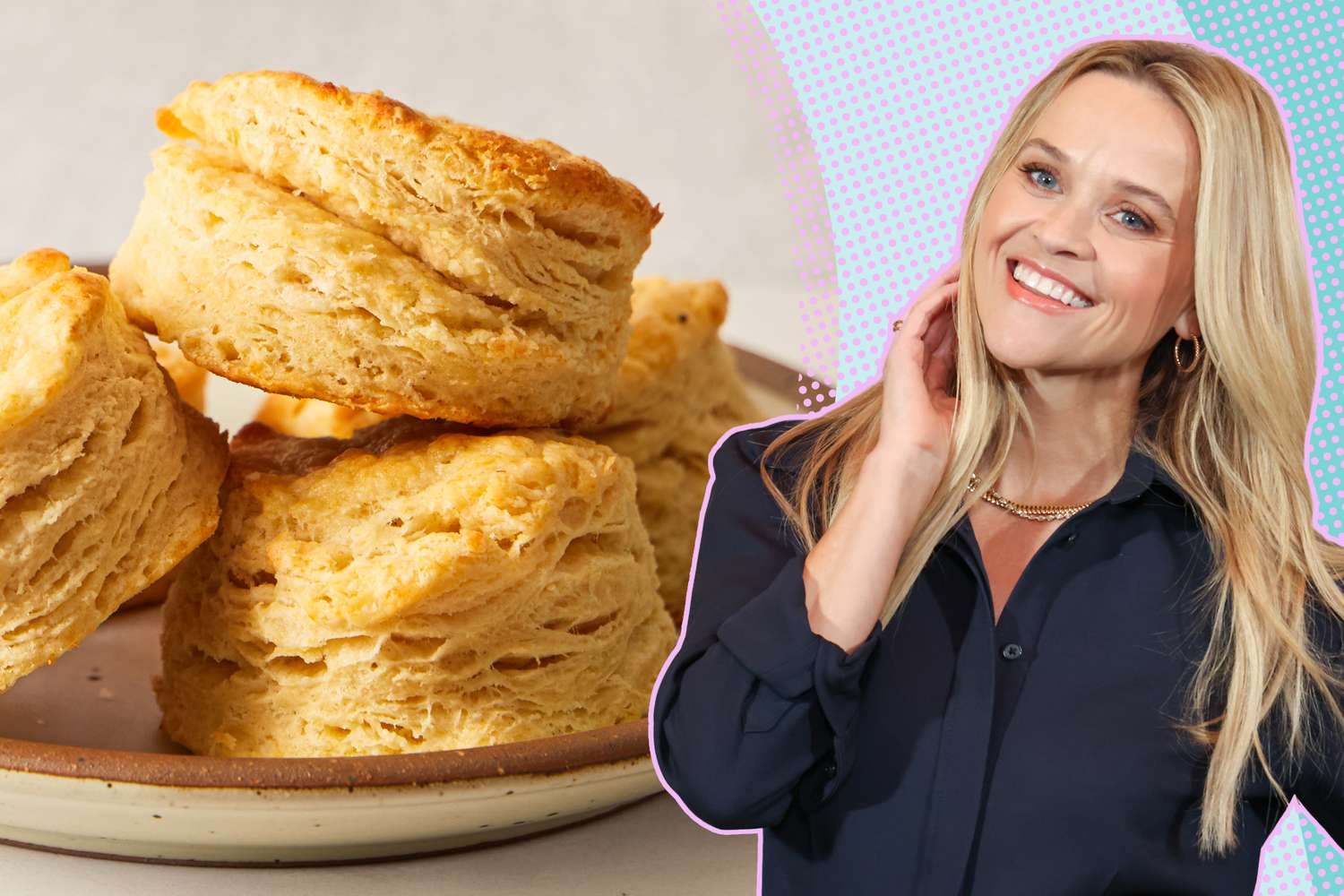 Reese Witherspoon next to a plate of biscuits
