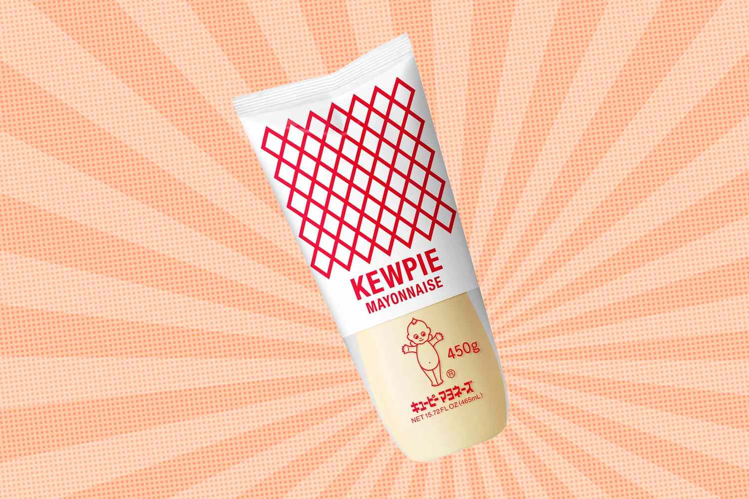 Kewpie mayonnaise tube with a patterned background