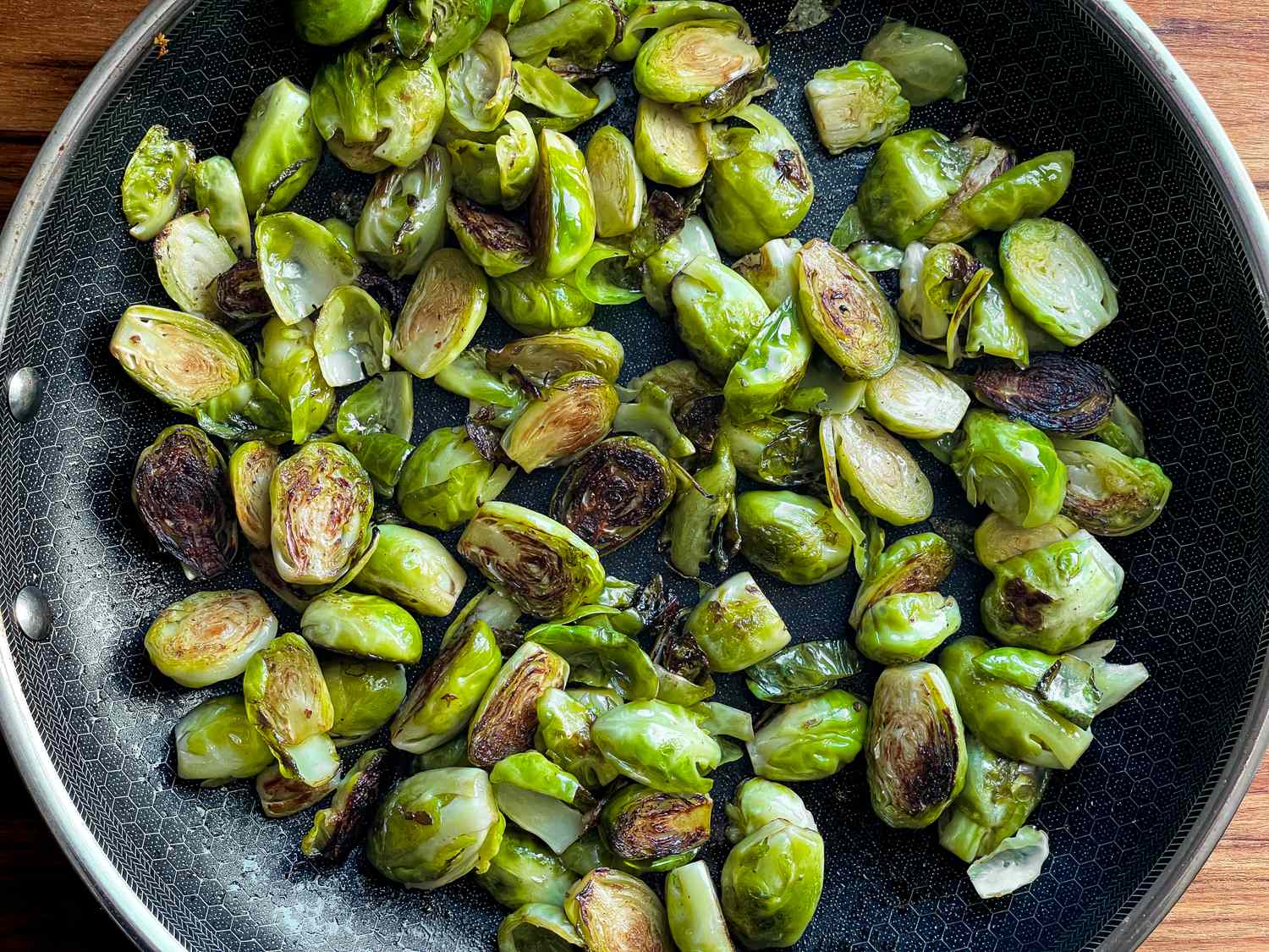 Cooked Brussels sprouts in a frying pan